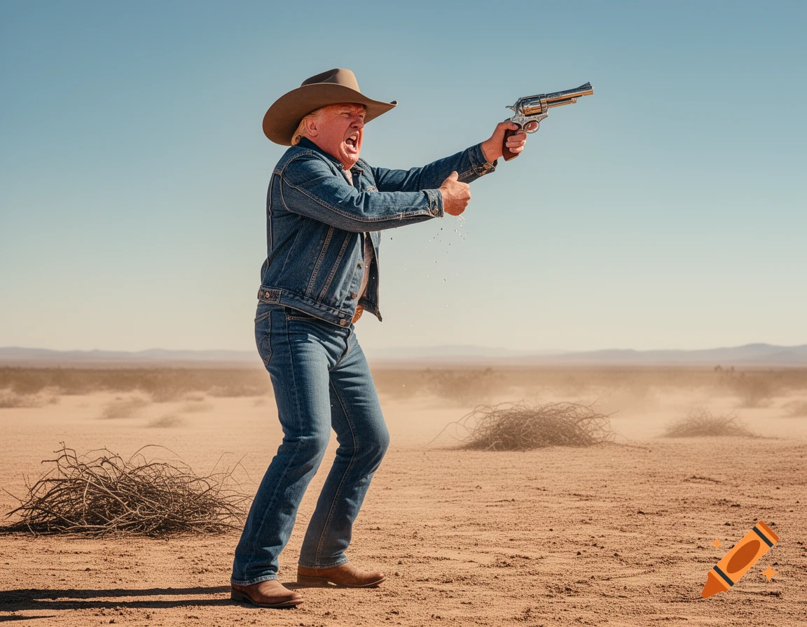 Donald Trump in a cowboy hat and denim suit, with an angry expression, shoots a pistol in a dusty desert landscape.