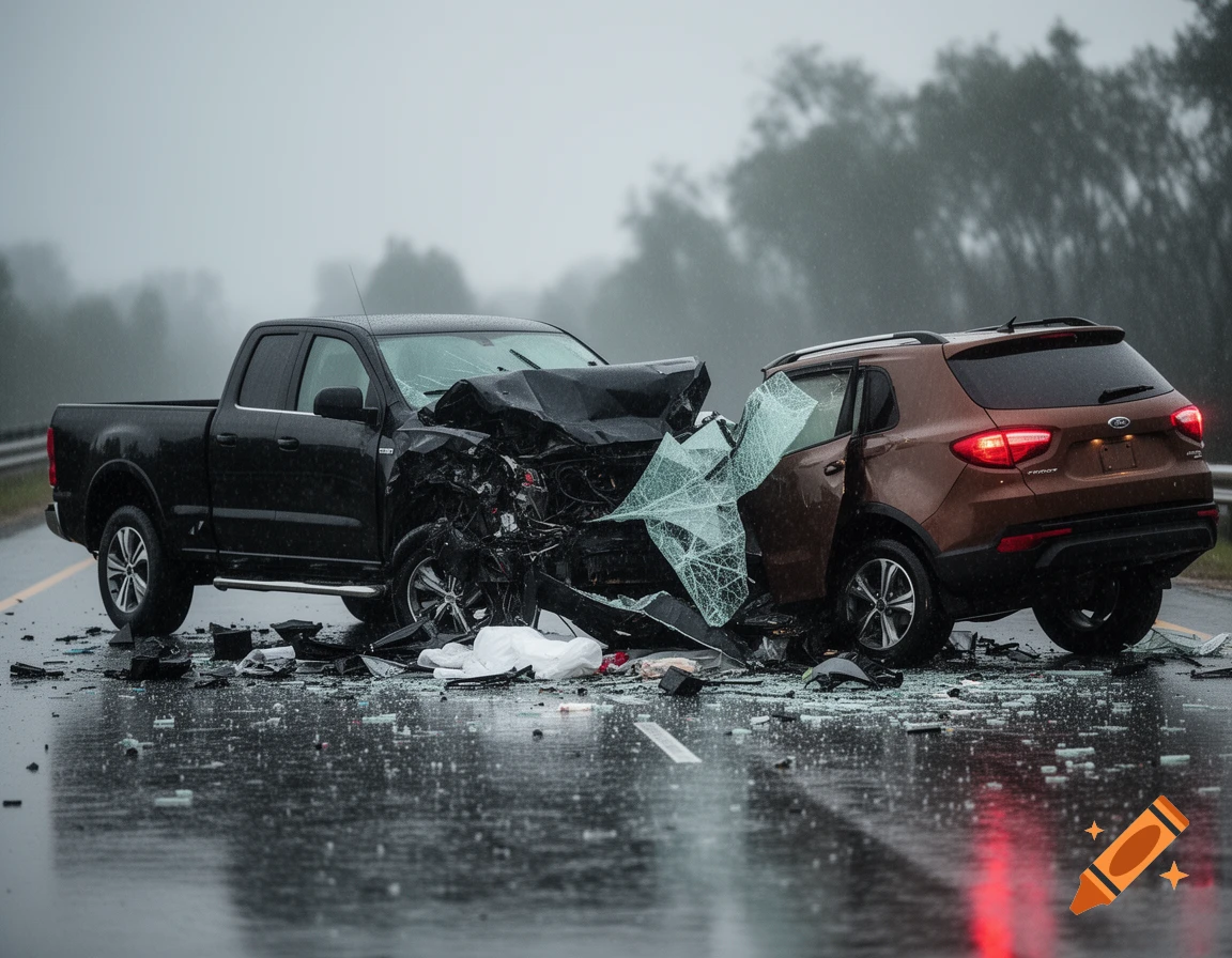 A black pickup truck and a brown SUV after a head-on collision on a wet road, with debris scattered around.