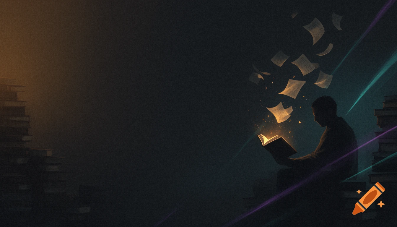 Silhouetted figure reads a glowing book with pages flying out, surrounded by dark book stacks and light streaks in a moody digital painting.