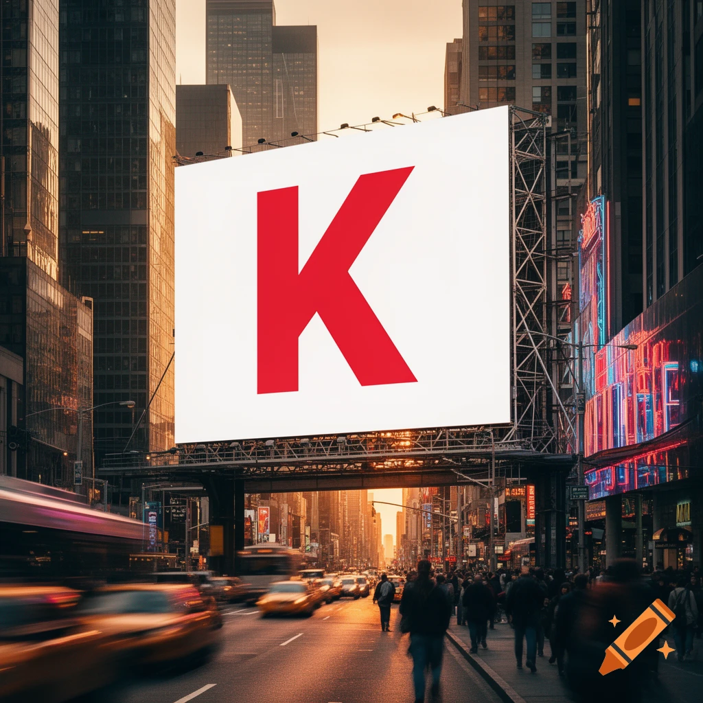 A large red letter K on a white billboard overlooks a busy city street with motion-blurred traffic and pedestrians at sunset.