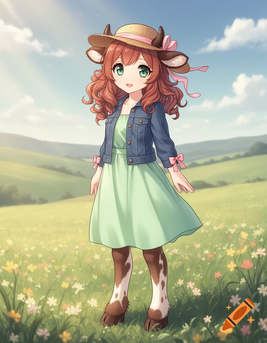 Anime anthro calf girl in a green dress, denim jacket, and straw hat, standing in a wildflower field under a blue sky.