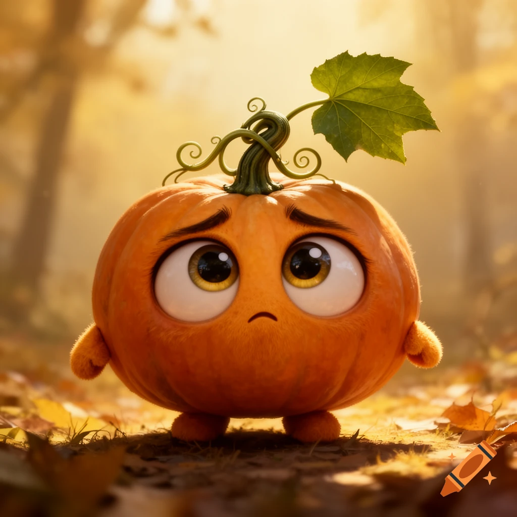 A cute, sad, animated pumpkin character with massive pleading eyes, stubby arms and legs, and a single leaf on its stem, set in an autumn forest.