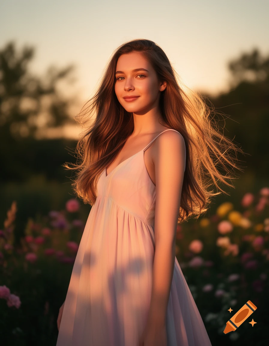 A young woman with long brown hair smiles, standing in a field of colorful flowers at golden hour, wearing a light pink dress.