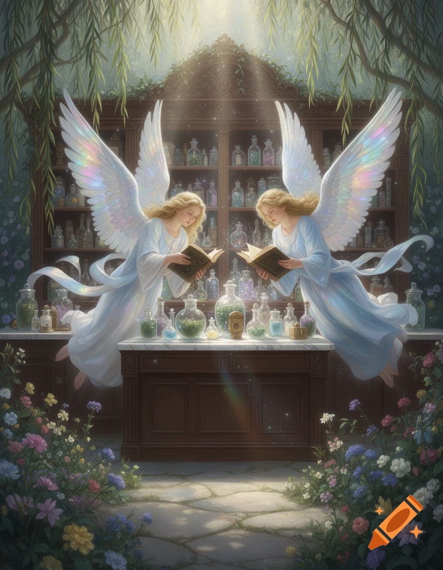 Two blonde angels with iridescent wings float in a magical forest apothecary, reading ancient books above potion bottles.