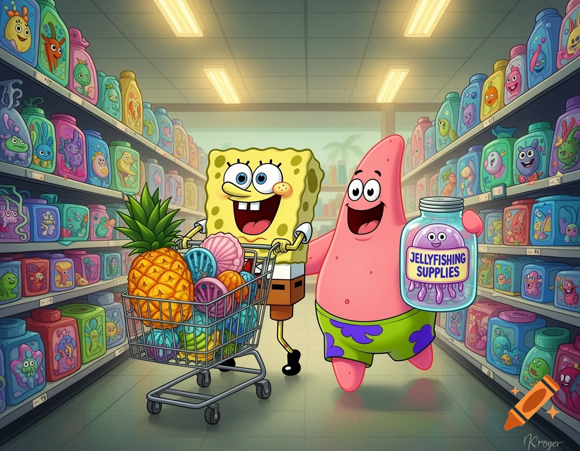 Spongebob and Patrick shop in a vibrant grocery store aisle; Spongebob pushes a cart, and Patrick holds a 'Jellyfishing Supplies' jar. Cartoon style.