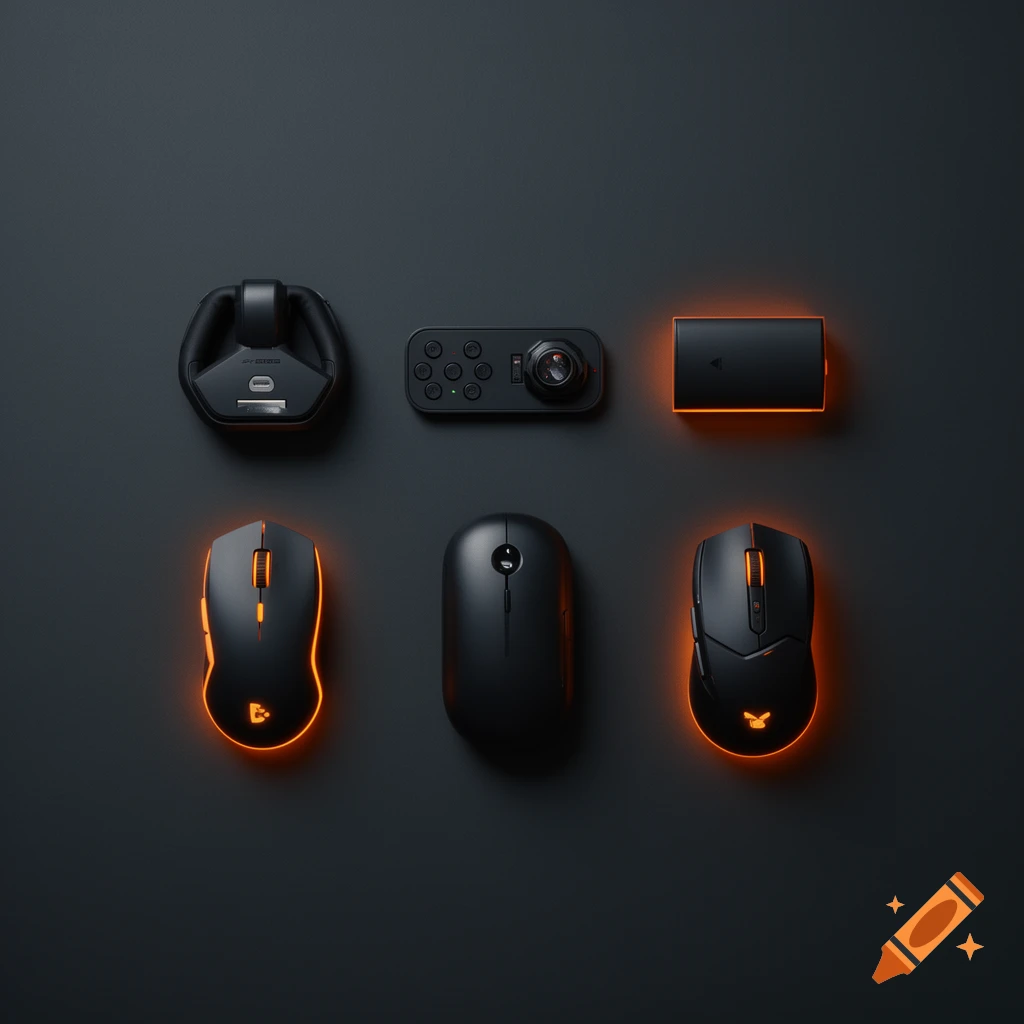 Flat lay of six dark gaming accessories with orange rim lighting on a charcoal surface.