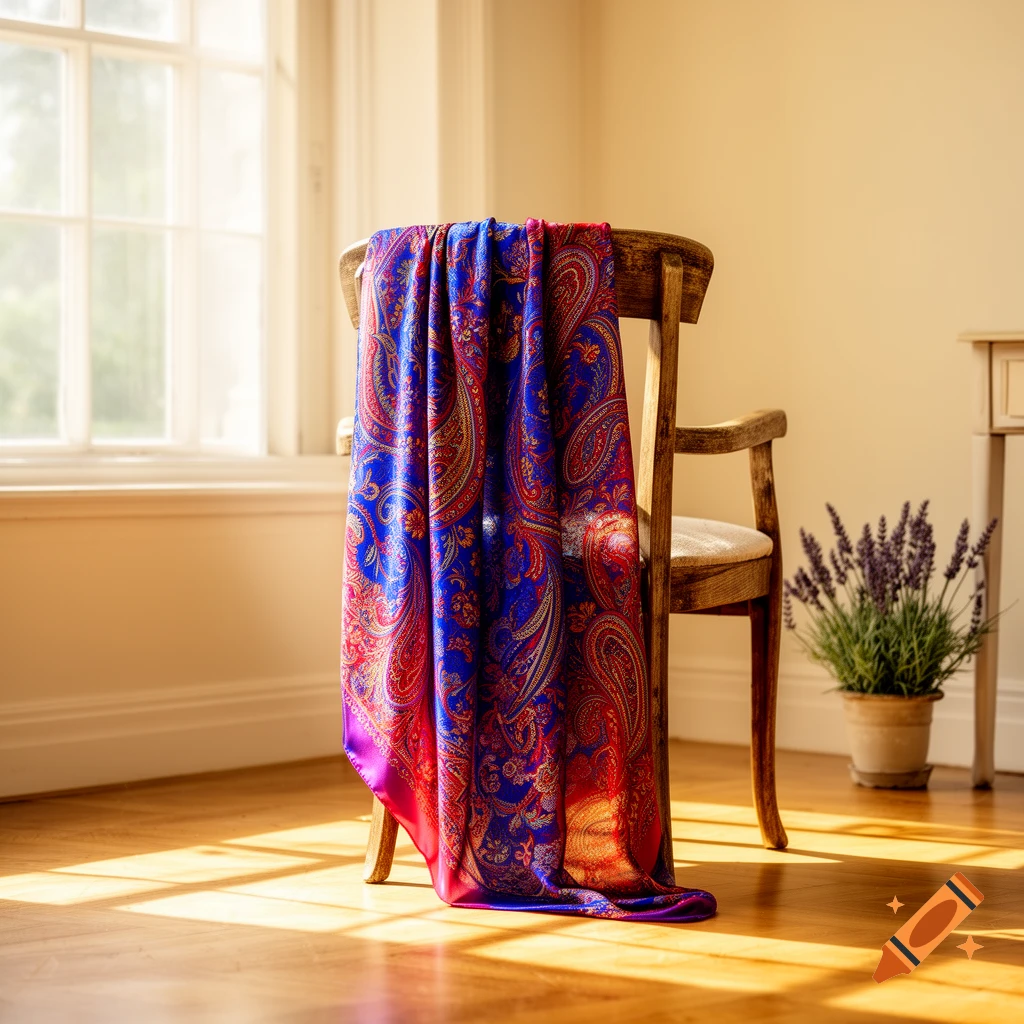 Vibrant blue and red paisley scarf draped over a wooden chair in a sunlit room, with a potted plant nearby.