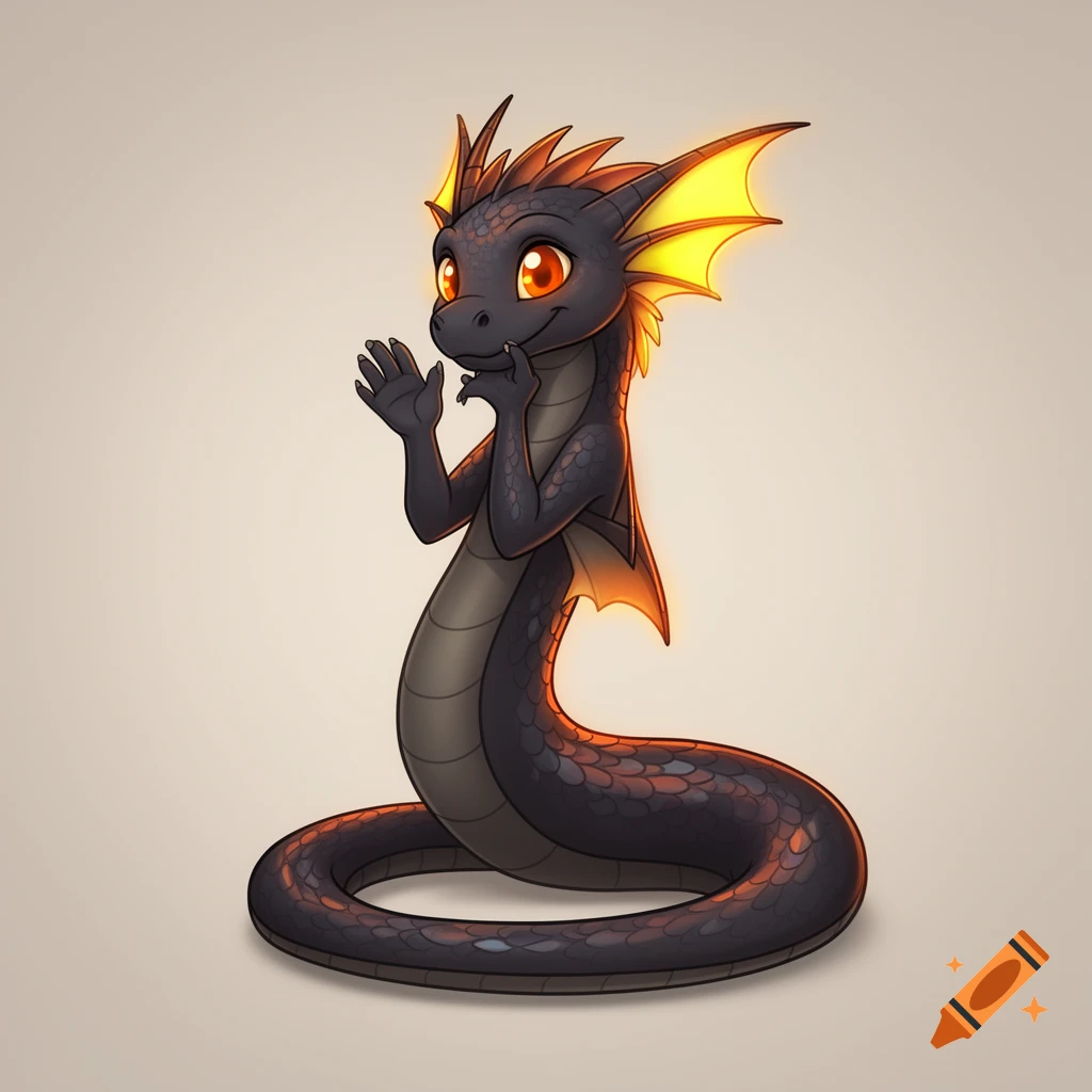 A cute cartoon black serpentine dragon with glowing yellow fins, orange eyes, and orange highlights, coiling on a plain background.