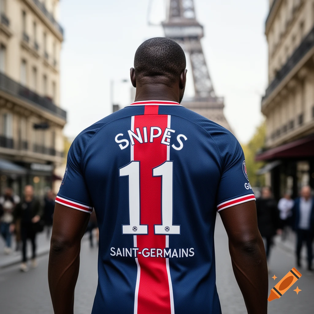A person from behind wears a blue and red soccer jersey with 'SNIPES' and '11' on the back, looking towards the Eiffel Tower in a Parisian street.