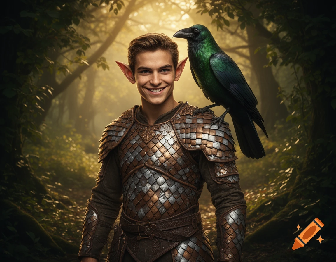 A handsome male elf in scale armor smiles while a green-tinted crow perches on his shoulder in a mystical forest.