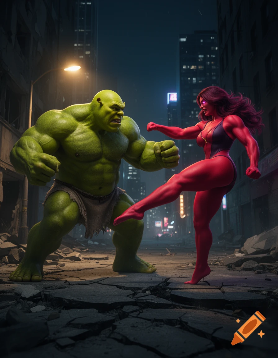 A green Shrek-Hulk and a red She-Hulk engage in a dynamic fight on a destroyed city street at night.