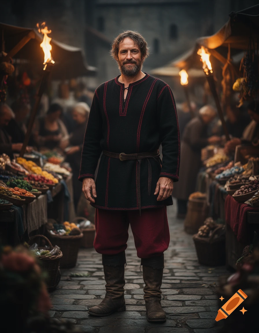 A bearded man in black and red medieval attire stands in a bustling, torchlit marketplace.