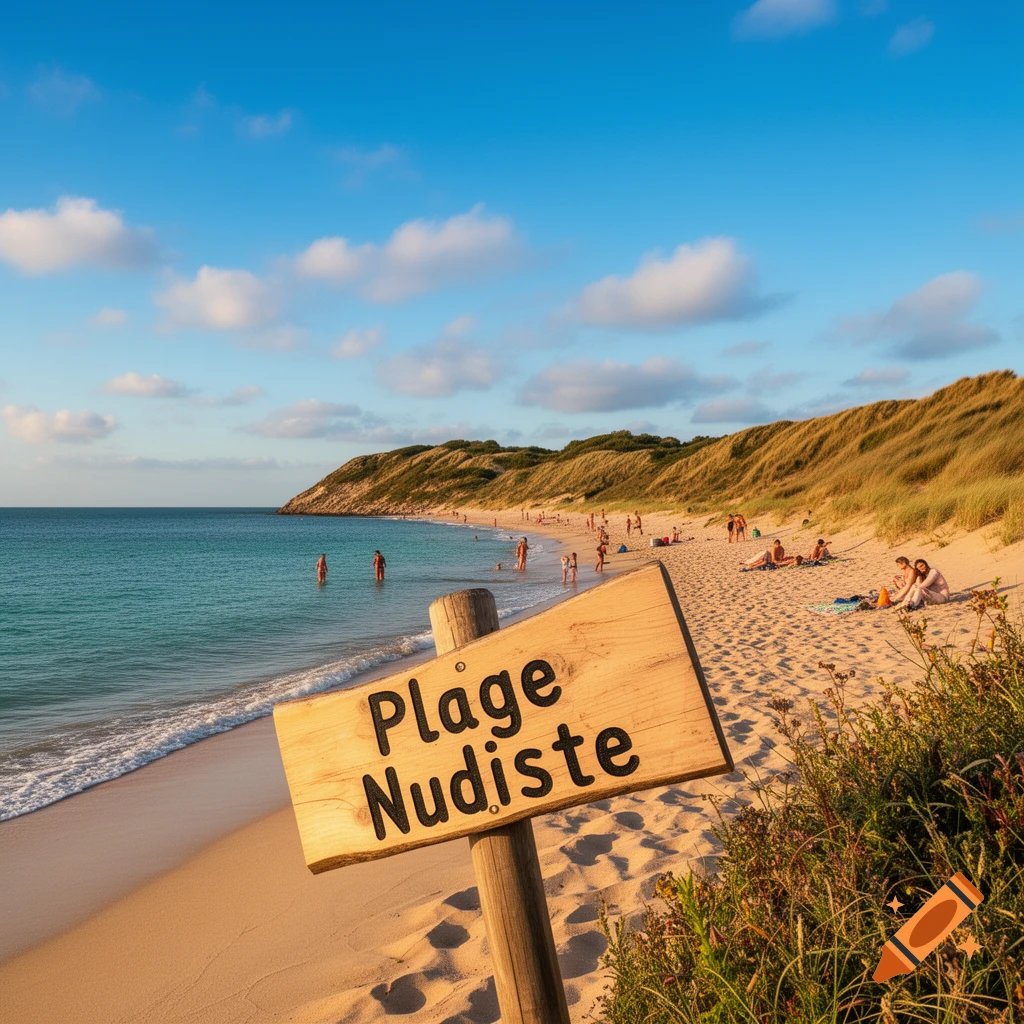 Photorealistic image of a sunny nudist beach with people on the sand and in the ocean, a 'Plage Nudiste' sign in the foreground.