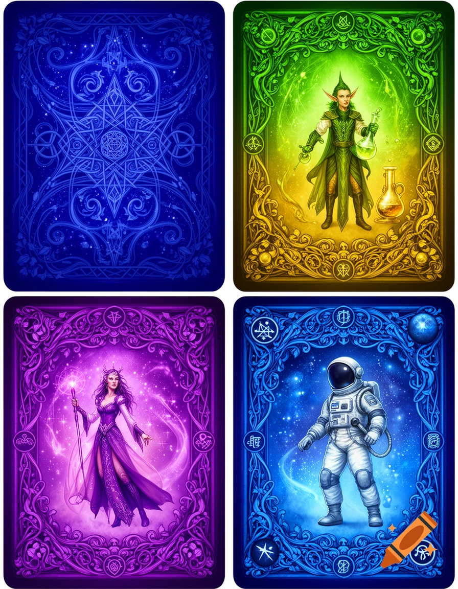 Four vibrant playing card designs: an intricate blue pattern, a green elf alchemist, a purple sorceress, and a blue astronaut.
