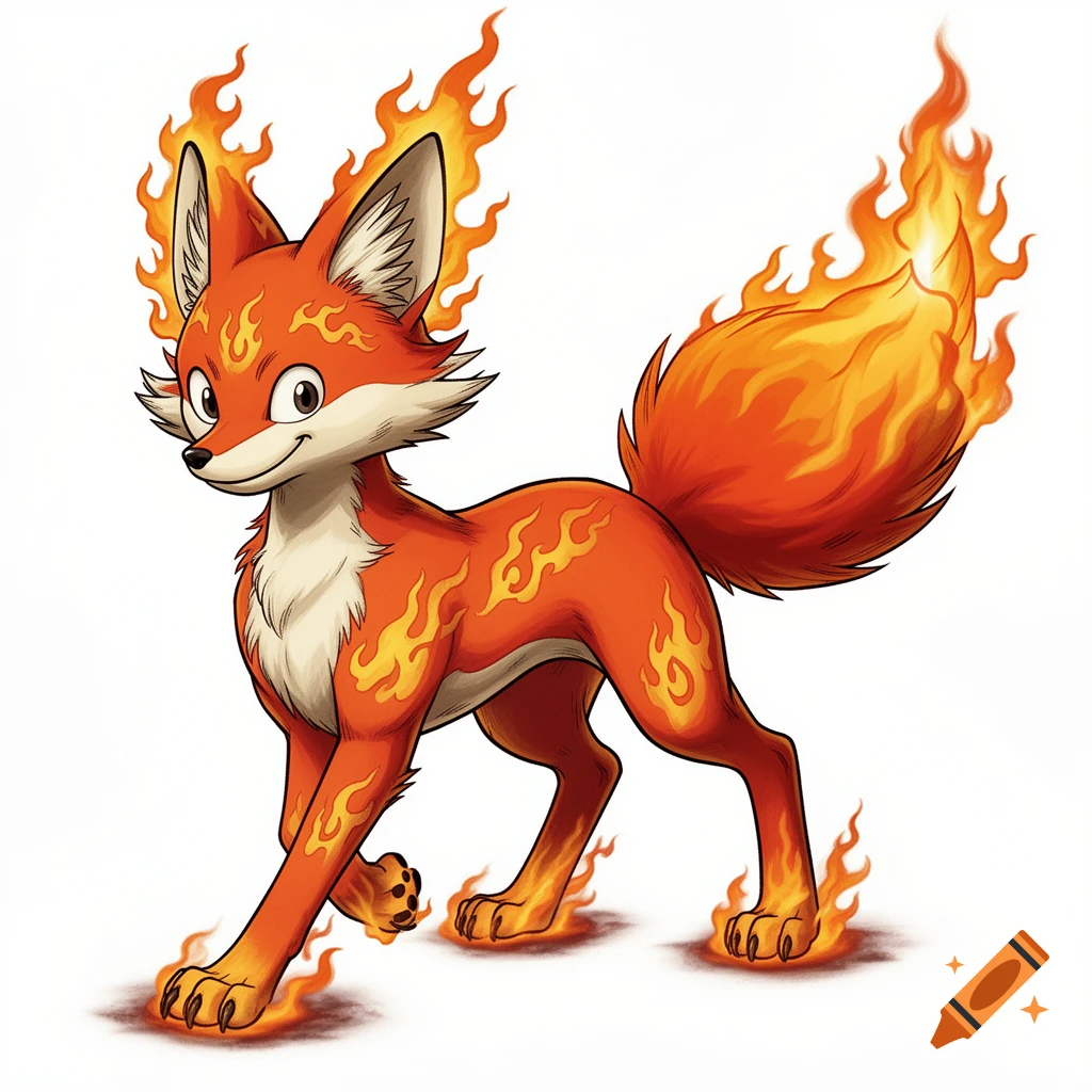 An orange, anime-style flame fox with fiery ears, tail, and paws, features flame-like patterns on its fur and a mischievous smile, set against a white background.