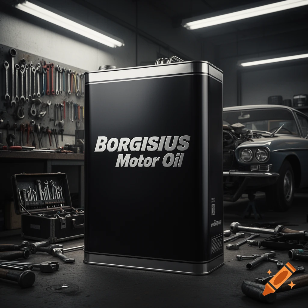 A black can of Borgisius Motor Oil sits prominently in a photorealistic garage setting with tools and a car in the background.