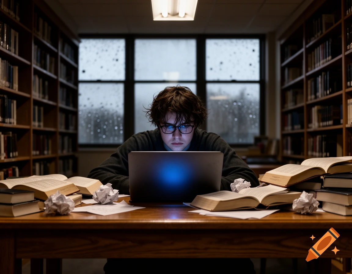 A student with messy hair and glasses intensely focused on a glowing laptop in a dark library with stacks of books and a rainy window.