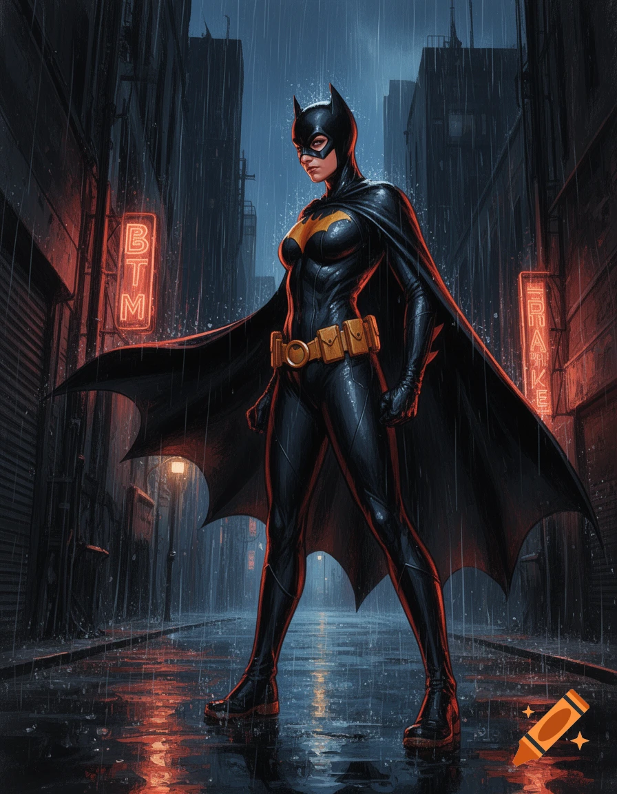 Batgirl stands defiantly in a dark, rainy Gotham City alley, in an illustrative painted style.