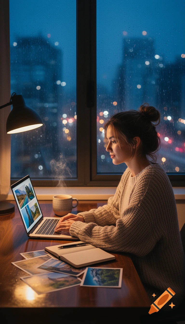 Young woman on laptop viewing travel photos at desk by a rainy city window at night. Photorealistic.