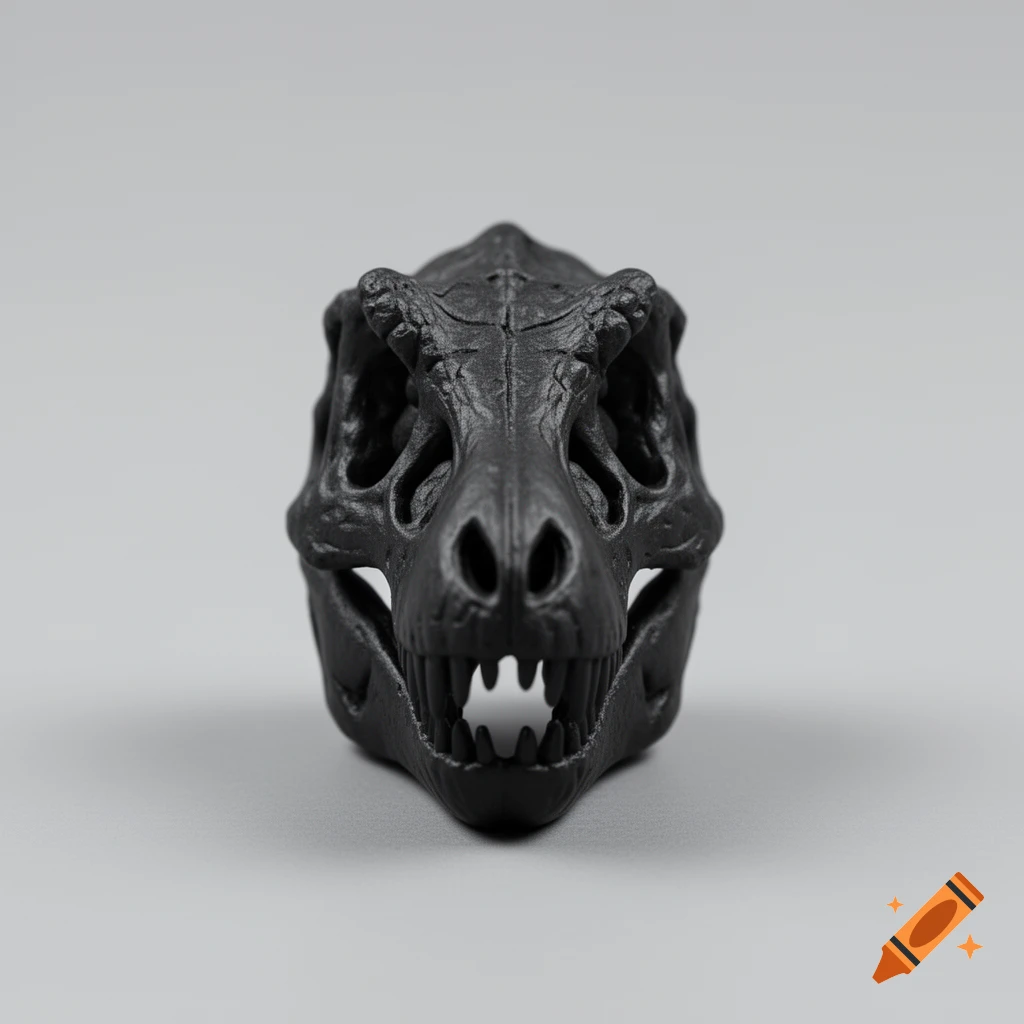 A detailed black T-Rex skull sculpture facing forward on a light gray background.