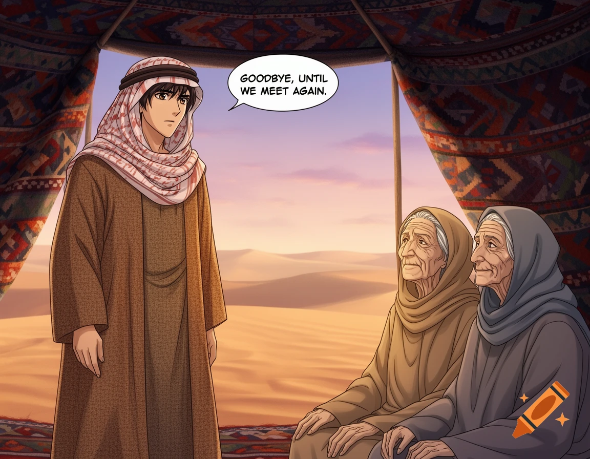 A young man in traditional Middle Eastern attire says goodbye to two elderly women in a Bedouin tent in a desert, in anime style.