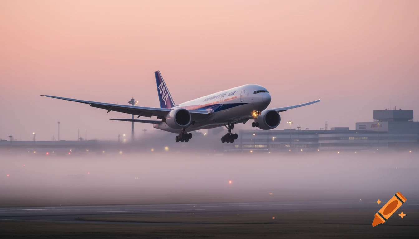 An ANA Boeing 777 airplane, painted white and blue, lands or takes off at dawn amidst a misty, pink-hued sky, with airport buildings in the background.