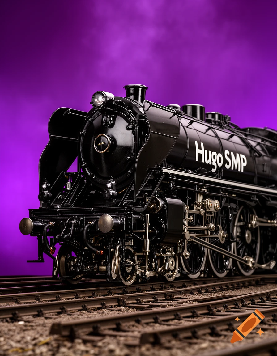 A black steam locomotive with "Hugo SMP" written on its side, on train tracks, against a vibrant purple background.