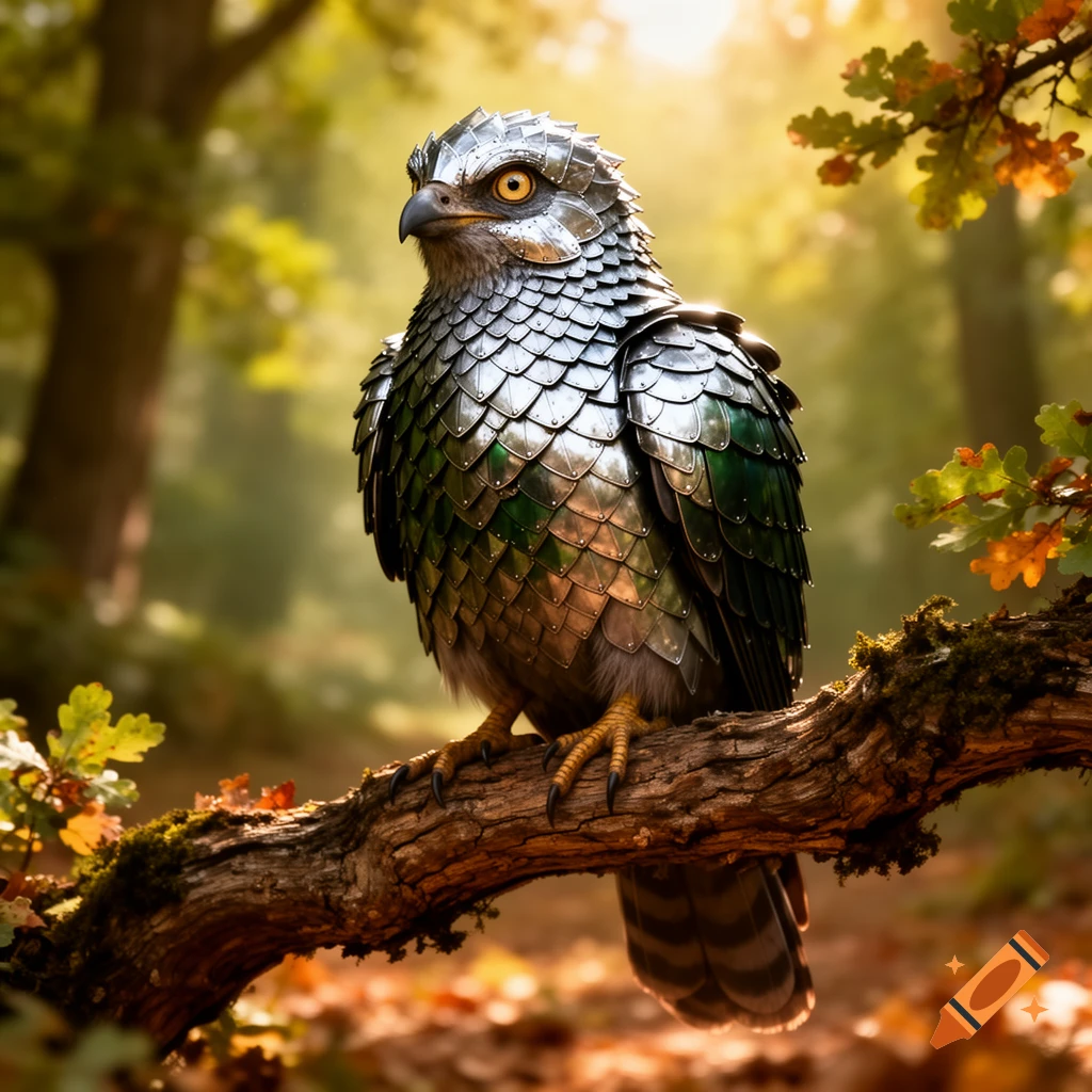 An armored bird with metallic scales and yellow eyes perches on a mossy branch in a sunlit forest, photorealistic.