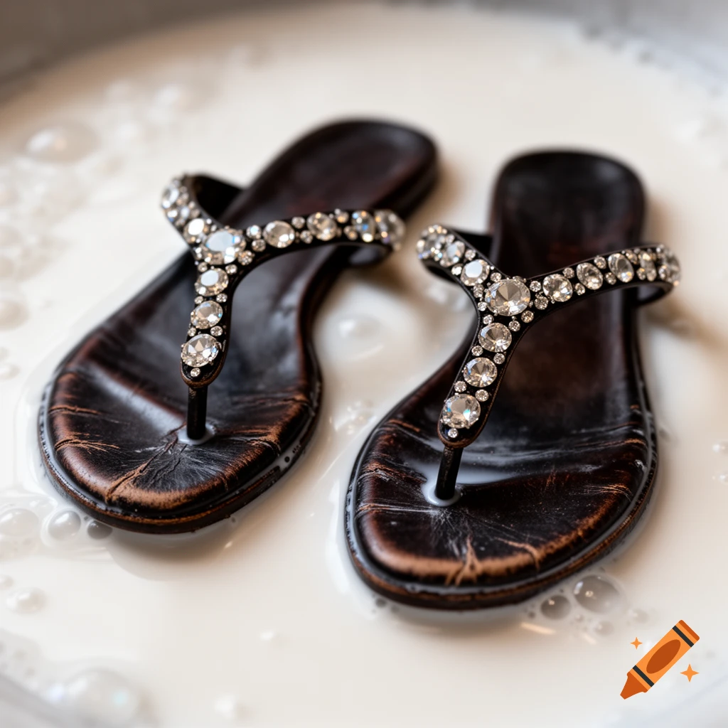 A pair of dark, worn, jeweled thong sandals partially submerged in white milk, photorealistic style.