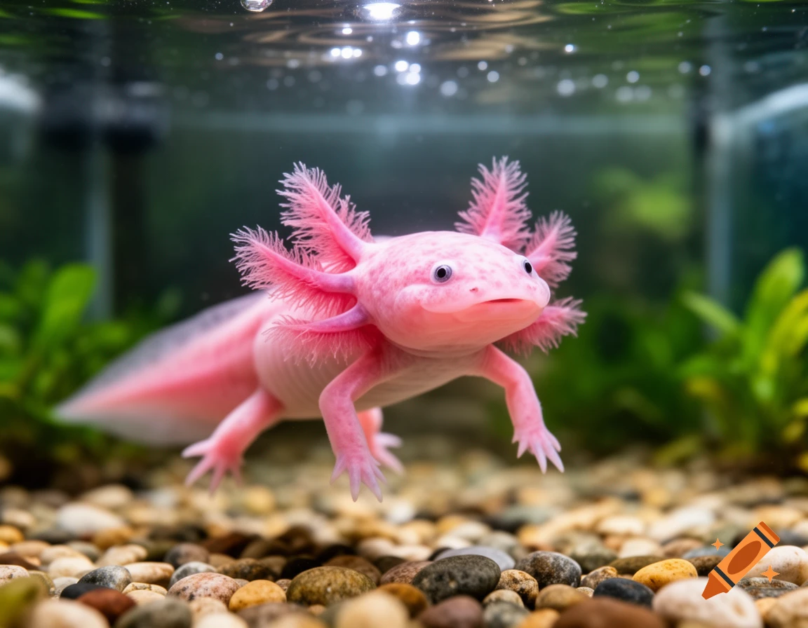 A close-up, photorealistic shot of a pink axolotl with feathery gills swimming in a clear aquarium tank over colorful gravel.
