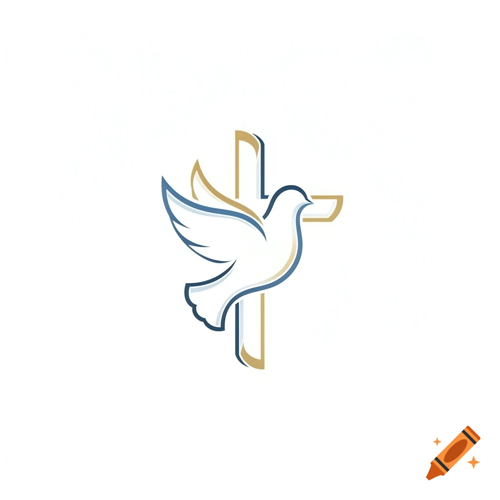 A stylized white dove with blue and gold outlines flies in front of a minimalist gold and blue cross on a white background.