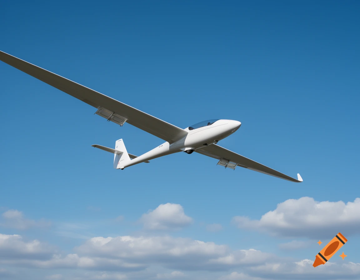 A white glider with long wings soars through a bright blue sky, with scattered white clouds below.