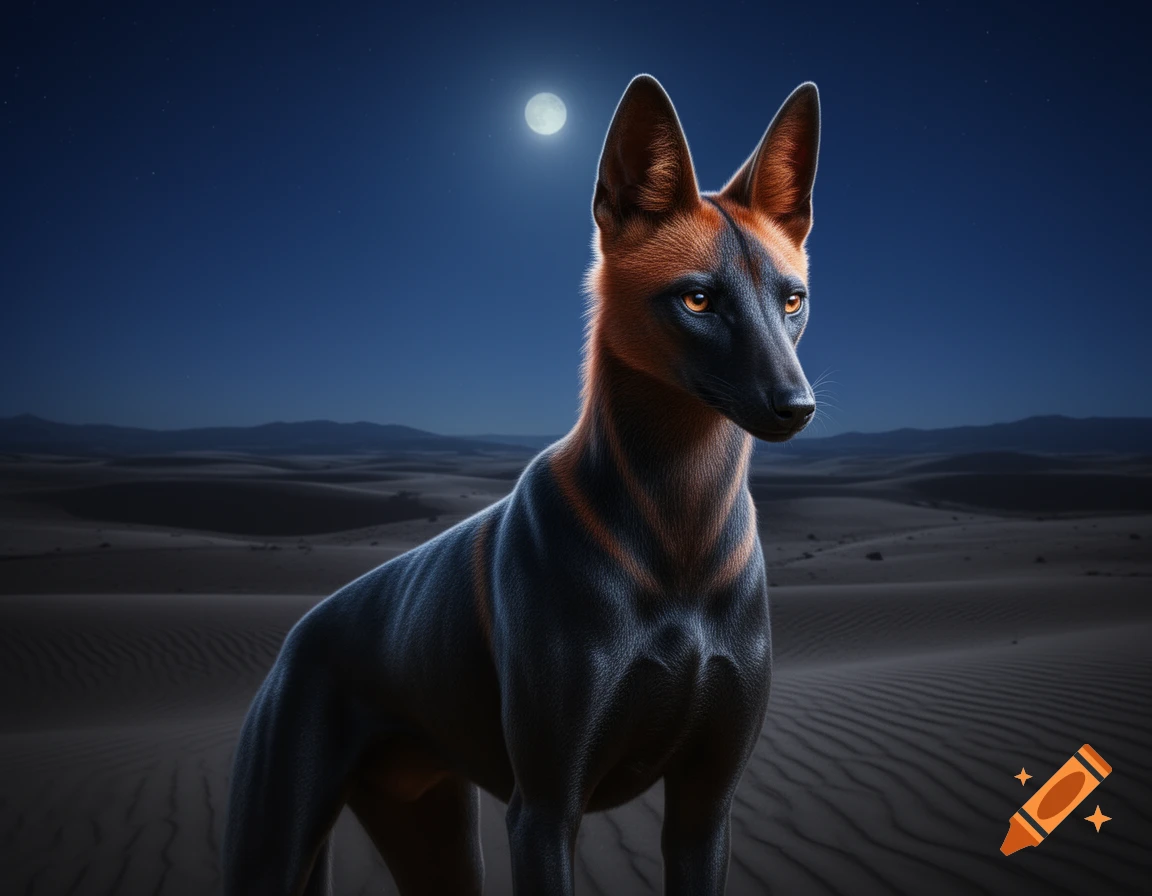 A dark, sleek canine creature with reddish-brown fur on its face and back stands in a moonlit desert under a starry night sky, its orange eyes glowing.