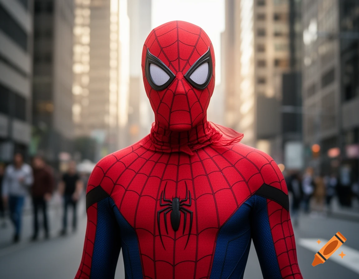 Photorealistic close-up of Spider-Man in his classic red and blue suit, standing on a blurred city street.