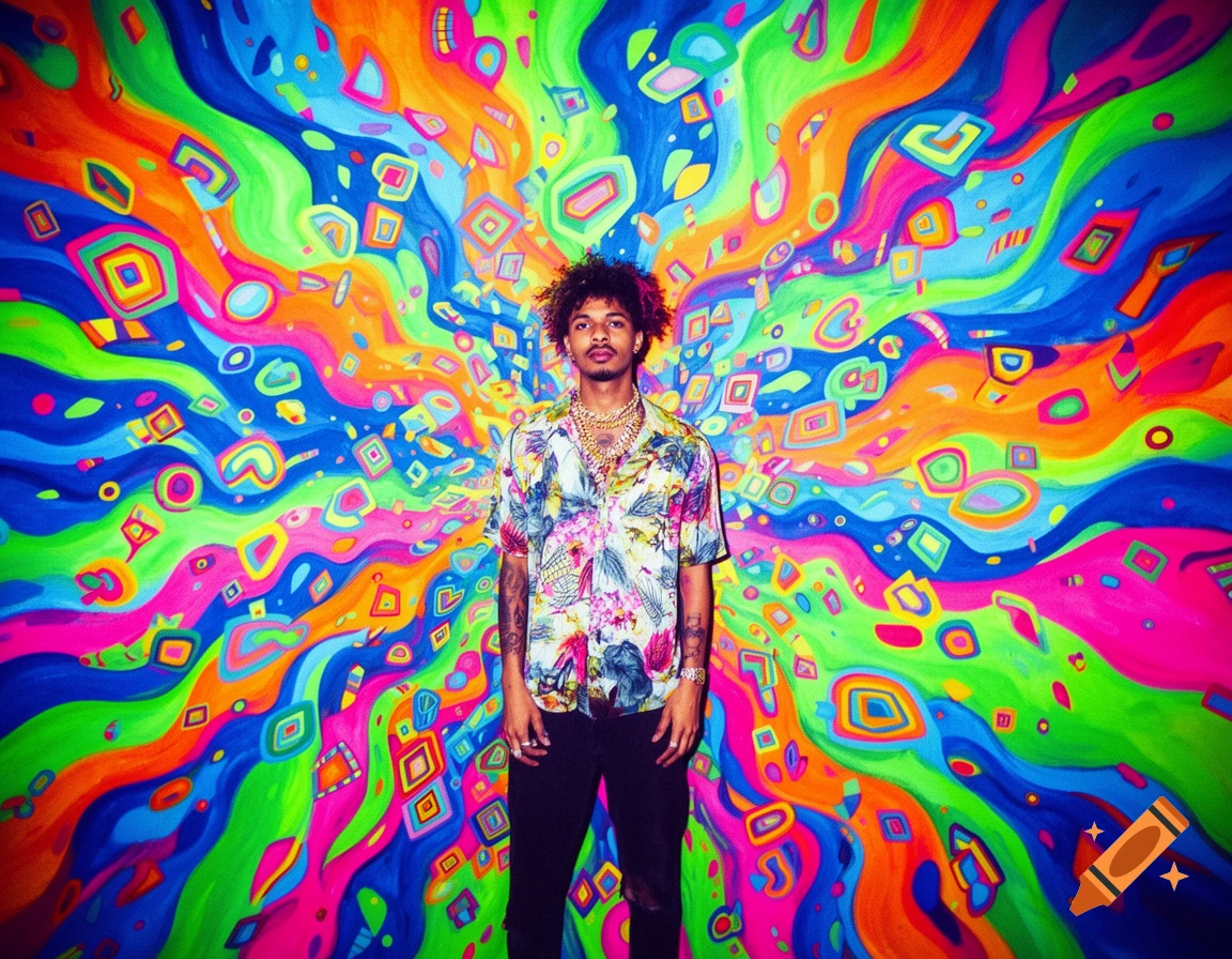 A man in a floral shirt and gold chains stands against a vibrant, swirling psychedelic background with abstract colorful shapes.