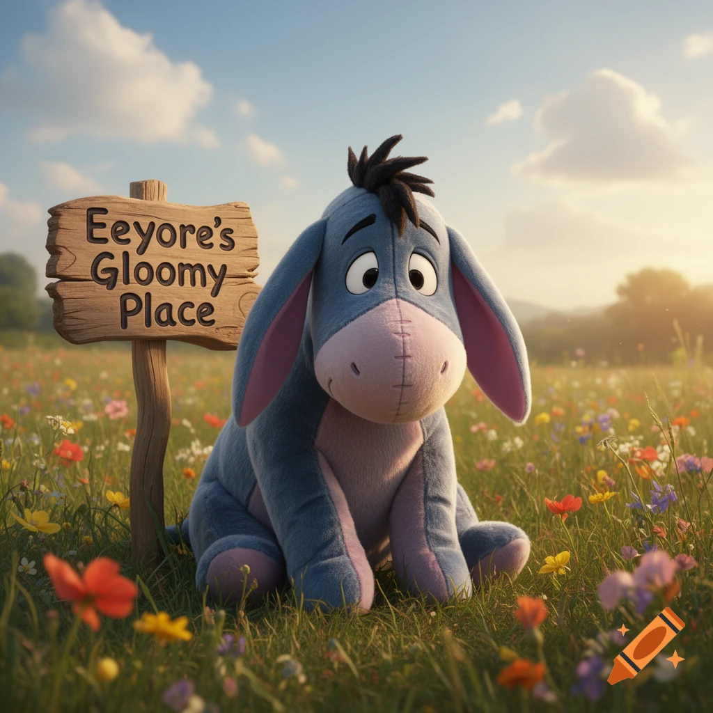 A plush-like Eeyore sits sadly in a sunny, flower-filled meadow, next to a wooden sign reading "Eeyore's Gloomy Place".