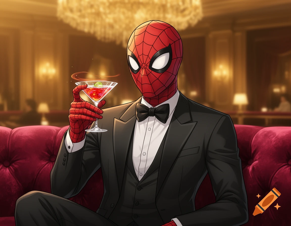 Spider-Man in a black tuxedo and bow tie sits on a red couch, holding a red cocktail in an anime style.