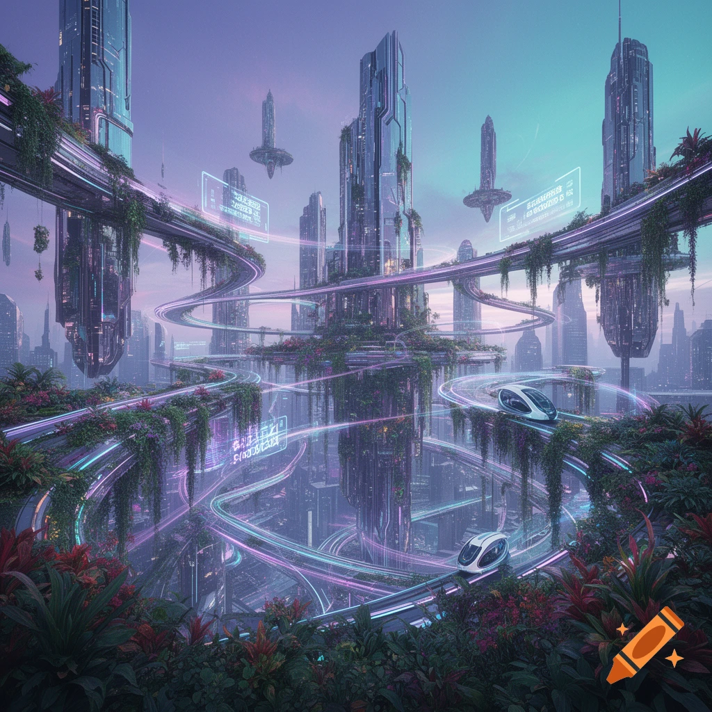 A vibrant futuristic city with sleek skyscrapers intertwined with lush greenery. Elevated glowing tracks carry futuristic white vehicles, all under a purple and blue sky.