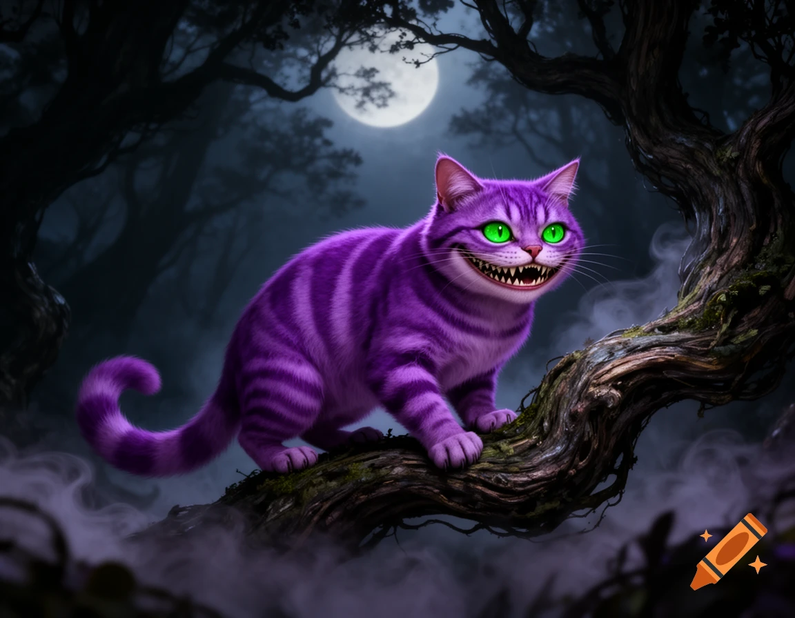 A purple striped Cheshire cat with glowing green eyes and sharp teeth sits on a gnarled tree in a dark, misty forest under a full moon.