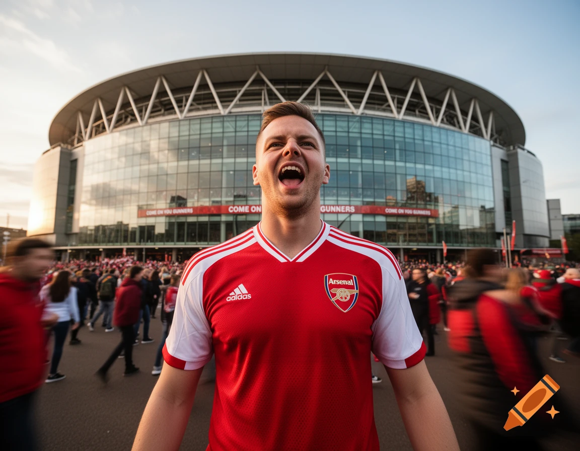 A jubilant man in a red and white Arsenal jersey with an open mouth shouts excitedly in front of a modern stadium, surrounded by blurred crowds.