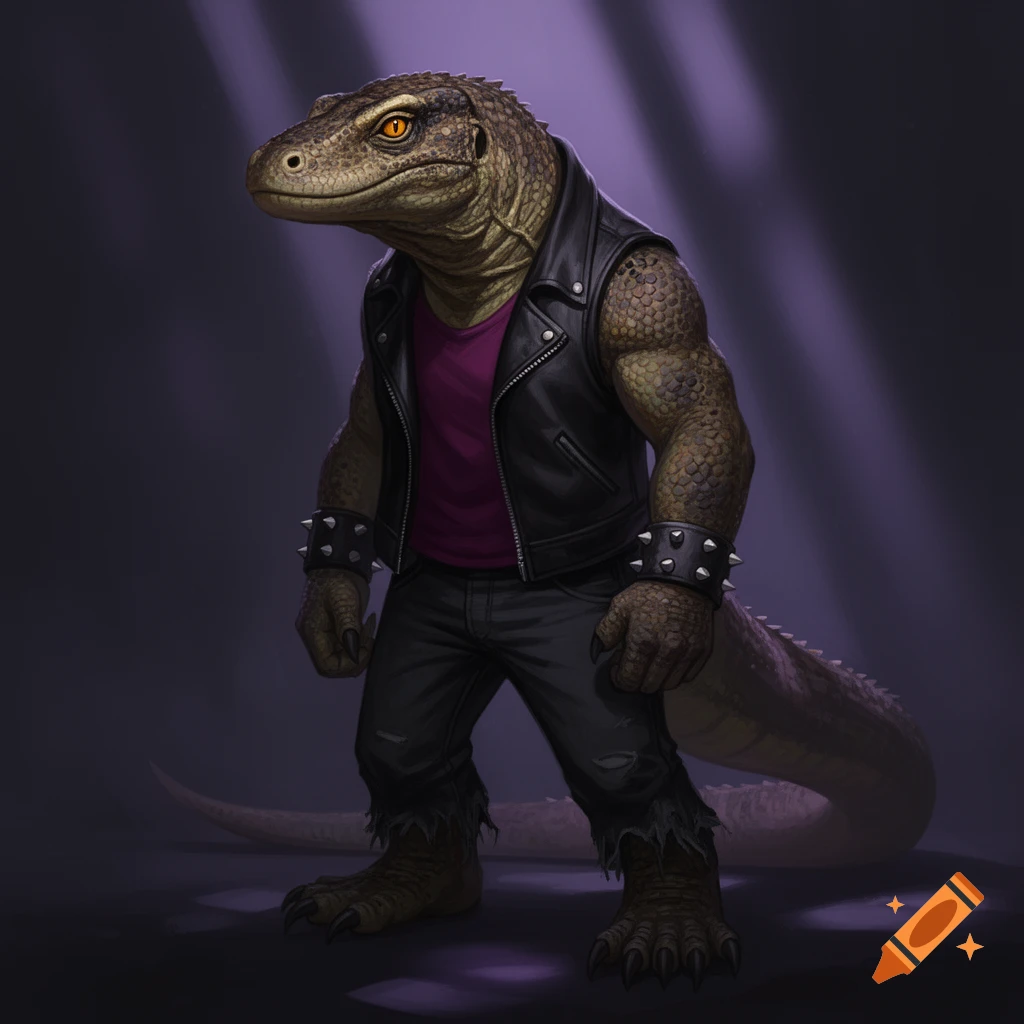 An anthropomorphic komodo dragon in a black leather jacket, purple shirt, and black pants, standing in a spotlight.