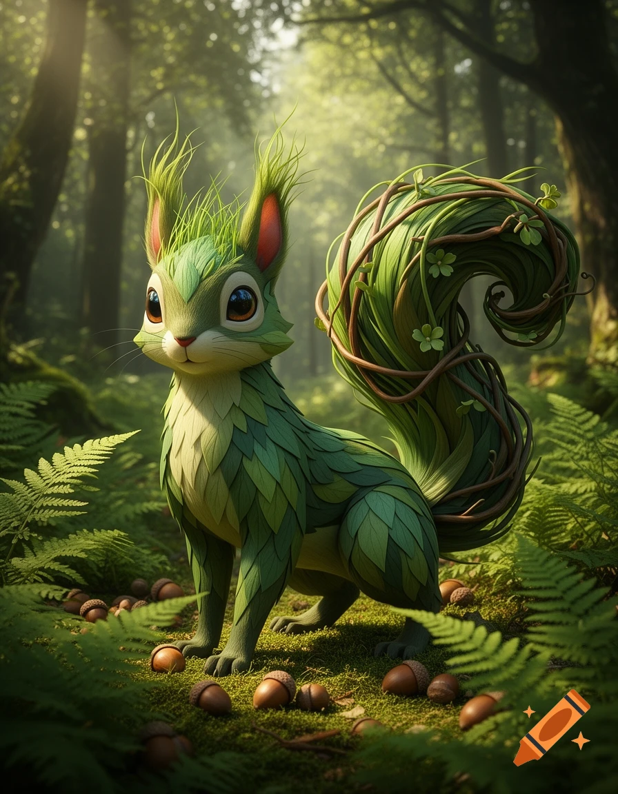 A cute grass-type squirrel Pok 00e9mon made of leaves, standing in a lush green forest with acorns on the ground.