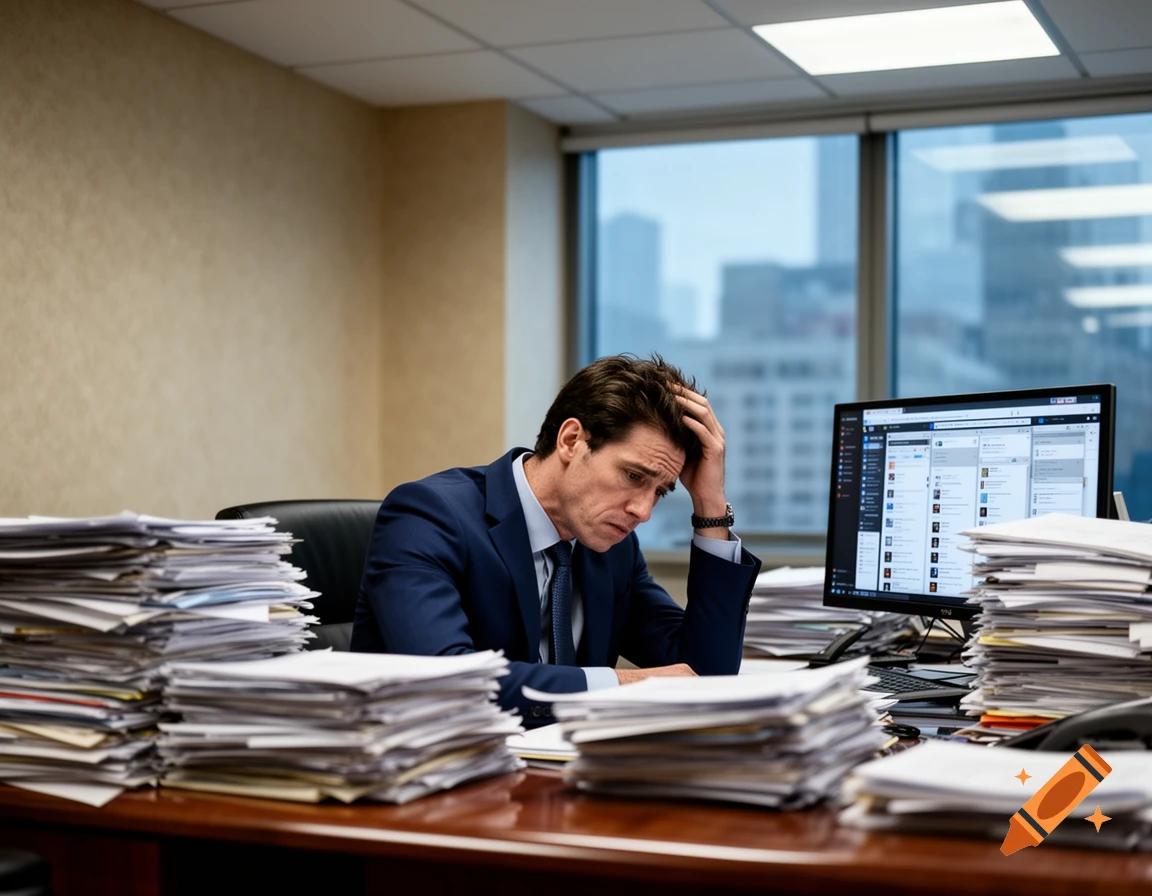 A man in a suit sits at a desk overflowing with papers, looking stressed and holding his head in an office setting.