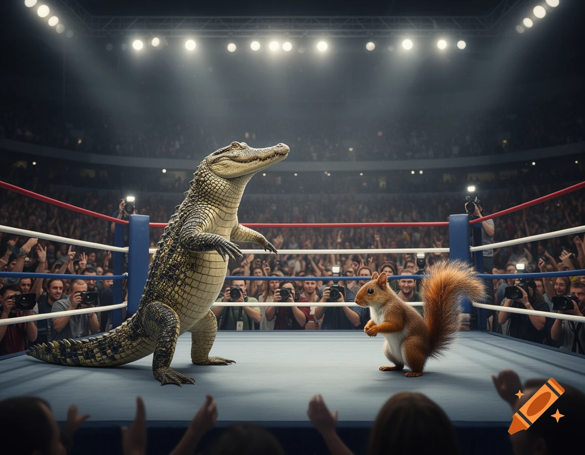 A photorealistic crocodile standing upright faces a squirrel in a boxing ring, surrounded by a cheering crowd.