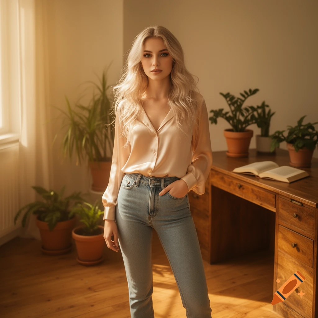 A young woman with long blonde hair in a peach satin blouse and jeans stands in a sunlit room with potted plants and a wooden desk.