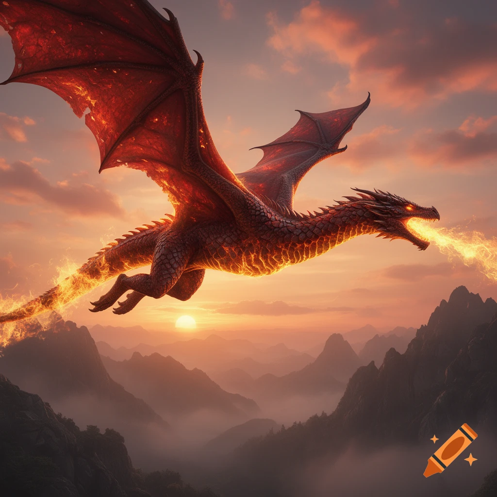 A majestic fire dragon with glowing scales and large wings flies over misty mountains, breathing fire against a vibrant sunset.