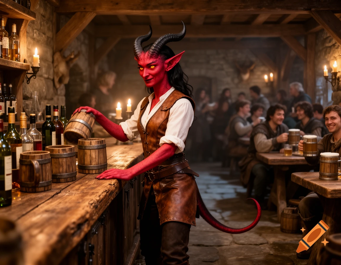A red-skinned Tiefling bartender with horns and a tail, wearing a leather vest and white shirt, stands behind a wooden bar, holding a wooden mug in a dimly lit medieval tavern filled with patrons.