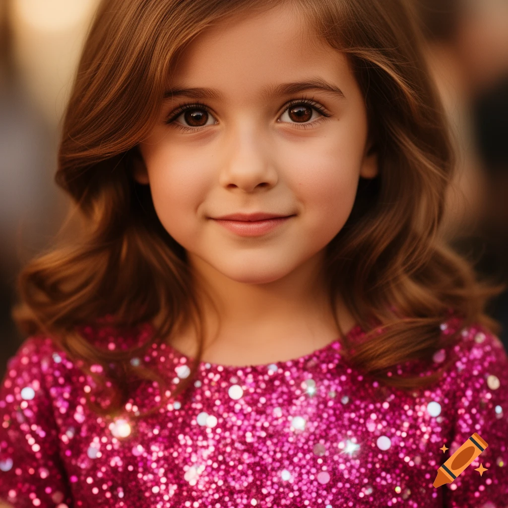 Close-up photorealistic portrait of a smiling young girl with brown hair and eyes, wearing a sparkling pink glitter dress.