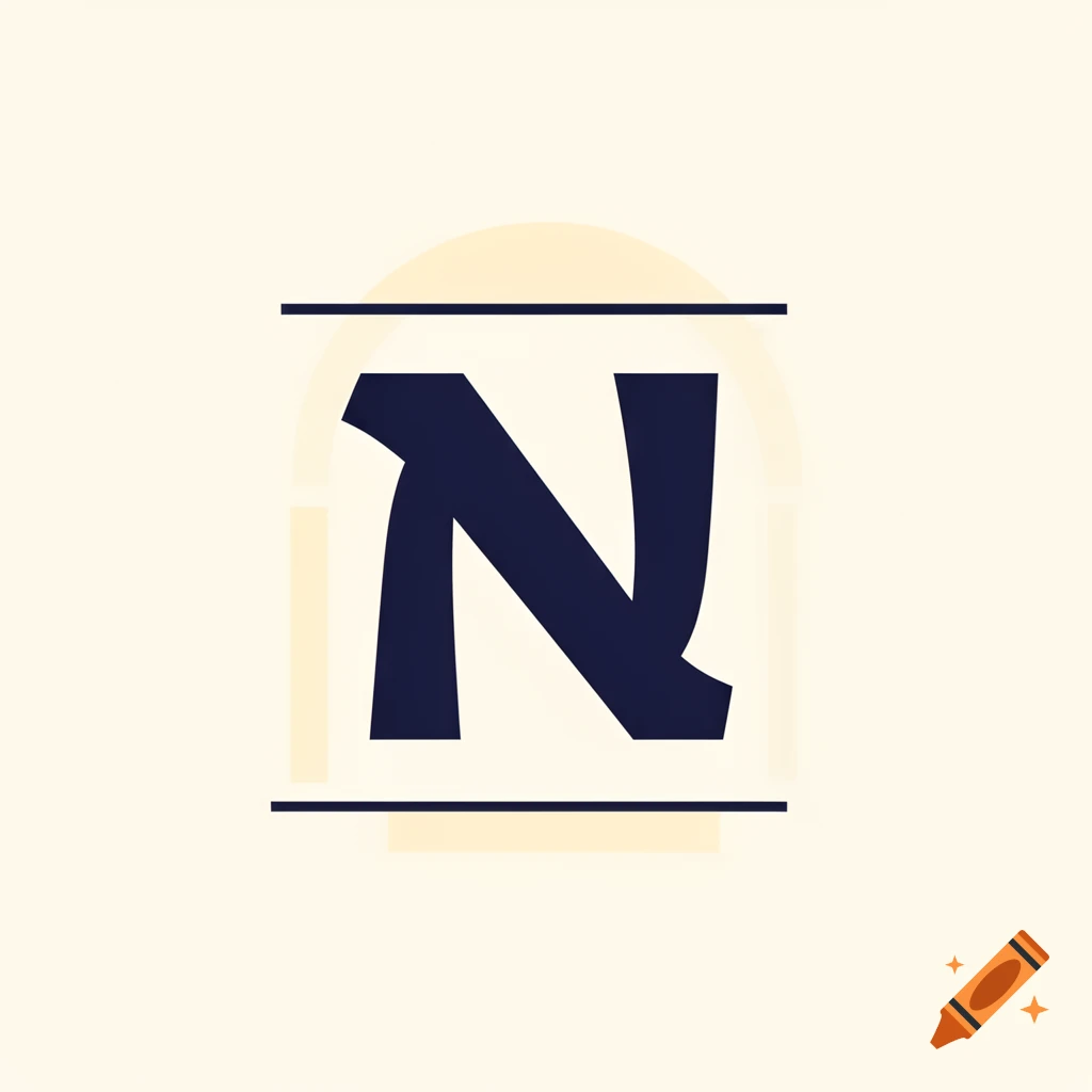 A stylized dark blue letter N framed by two horizontal lines, set against a light beige background with subtle abstract shapes.