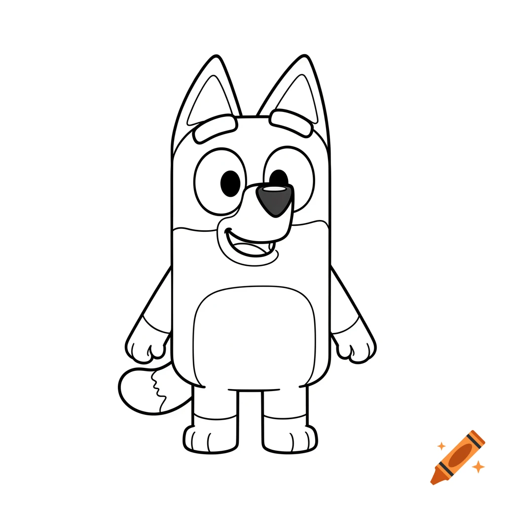 Black and white line art of Bingo from Bluey, in a coloring book style, standing on a pure white background.